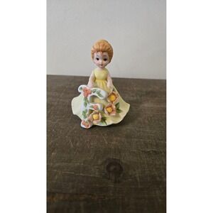 Vintage Japan Ceramic Girl Figurine Letter F Yellow Dress Flower Porcelain 4in